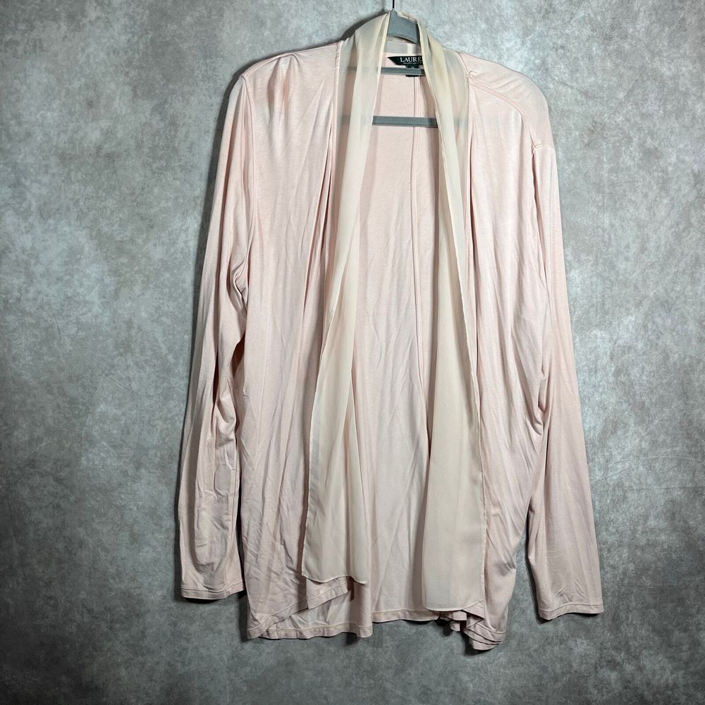 Lauren Ralph Lauren Cardigan Sweater Womens XL Pink Knit Chiffon Trim Open Front